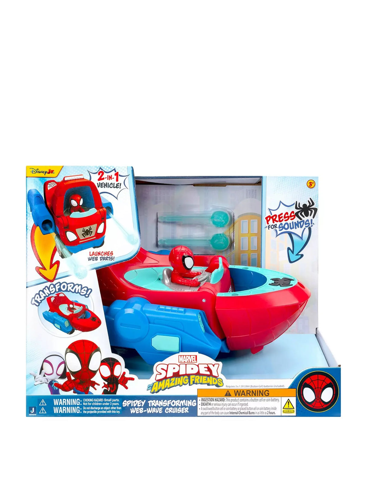 Spidey and His Amazing Friends Transforming Web-Wave Cruiser toy in retail box packaging