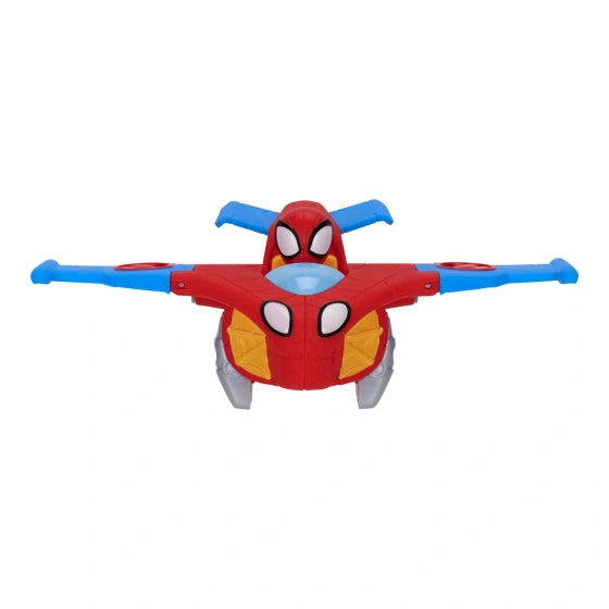 Spidey's red and blue Glider Jet shown separately on a white background, with its wings extended and Spidey seated in the aircraft.
