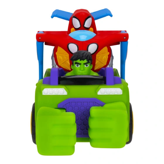 Front view of Hulk's green Smash Tank from Spidey & His Amazing Friends, showing its oversized punching fists, chunky wheels and superhero styling.