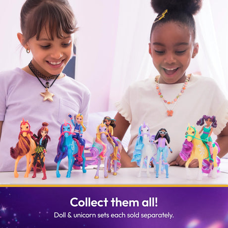 Unicorn Academy doll and unicorn assortment displayed with children – Ireland