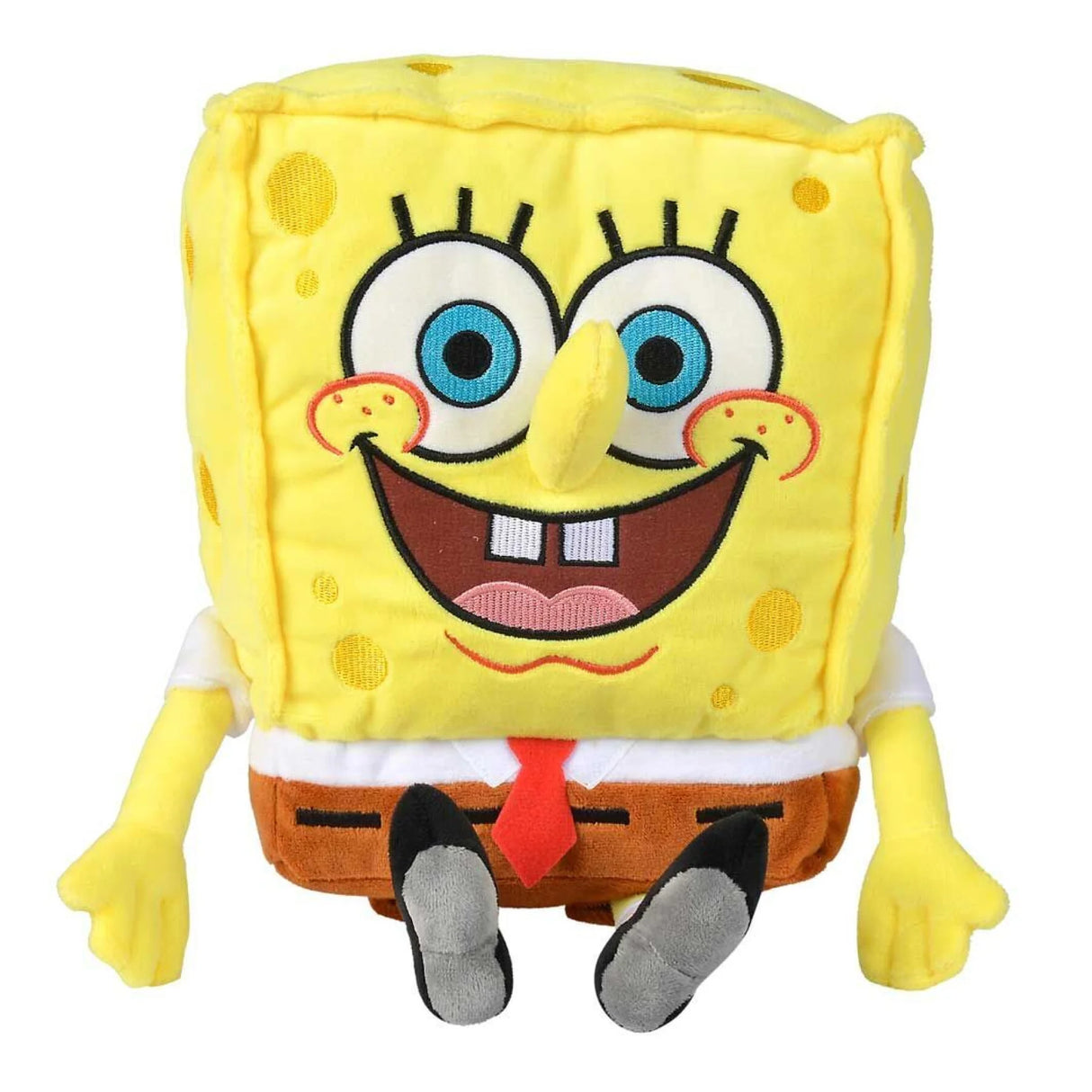 SpongeBob SquarePants 35cm plush toy front view with smiling embroidered face and brown shorts