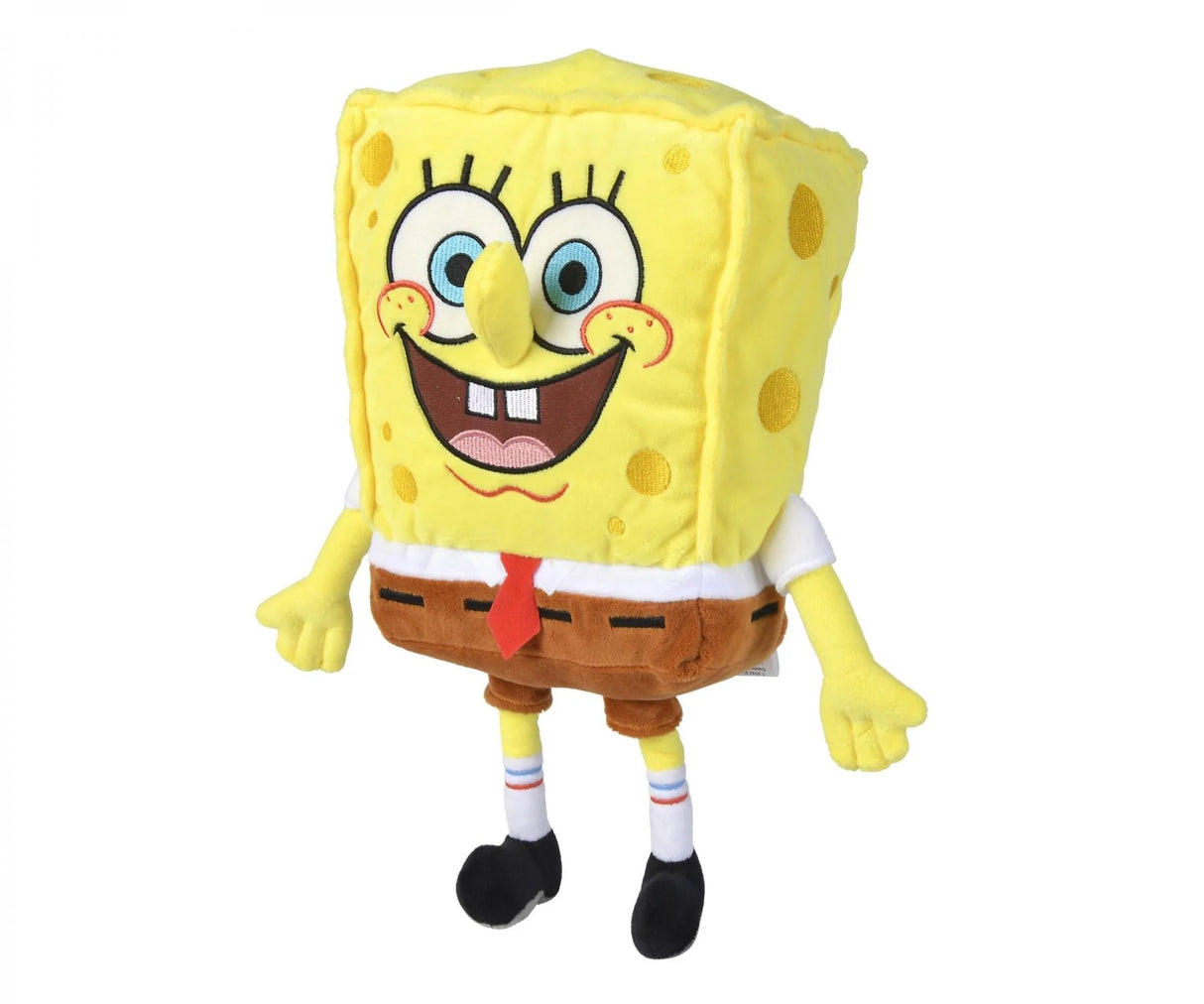 SpongeBob SquarePants 35cm plush toy standing upright with open arms, white shirt and striped socks visible