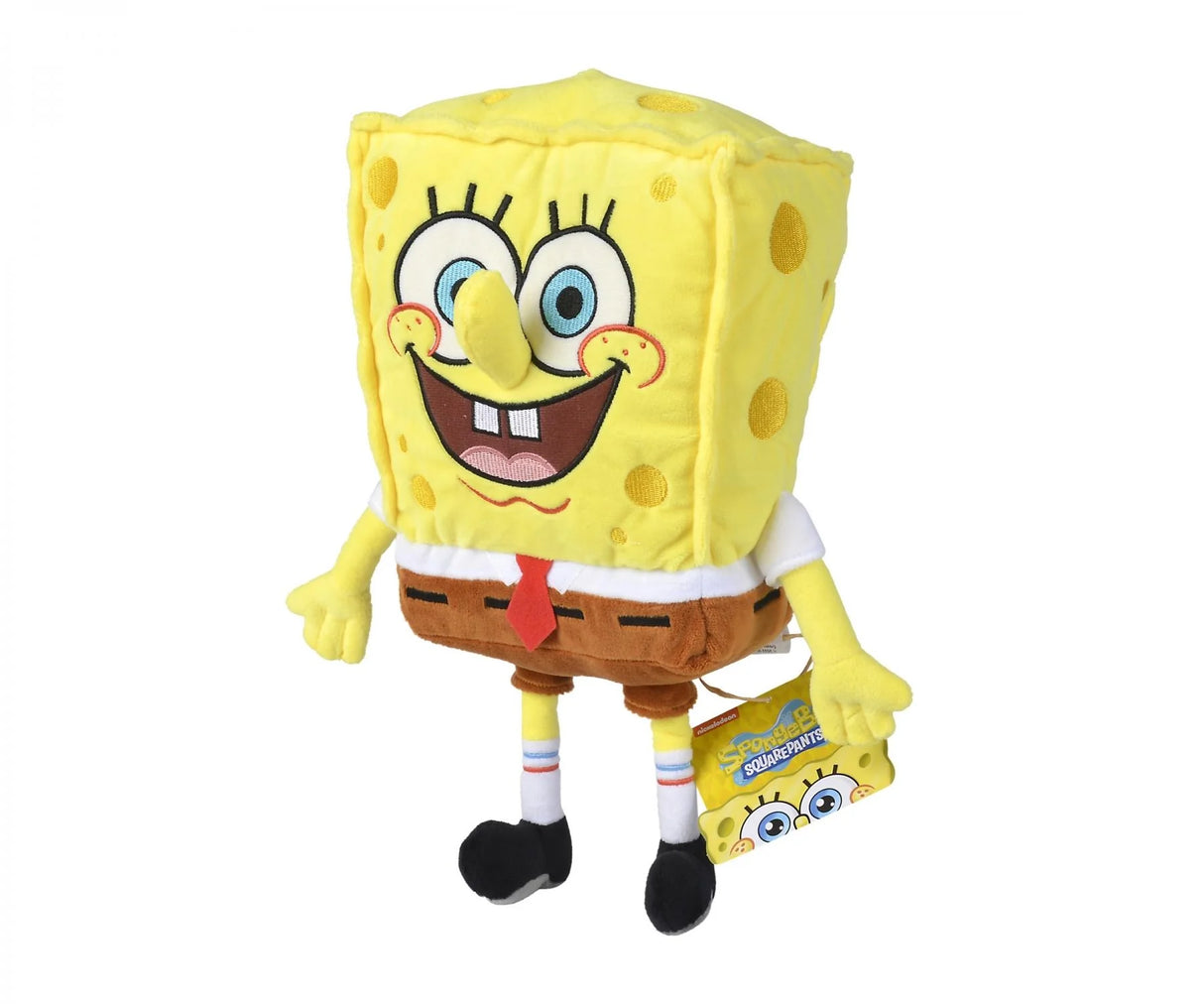 SpongeBob SquarePants 35cm plush toy angled view holding yellow branded tag with character artwork