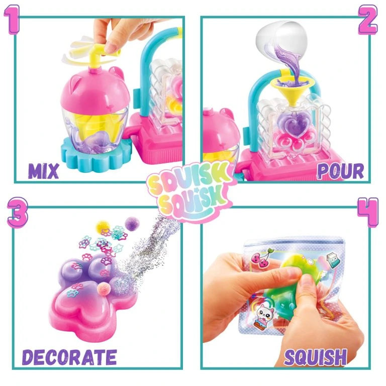 Four illustrated steps for the Squish Squish DIY Squishy Factory showing the mixing handle being turned, purple gel poured into a mould, glitter and decorations applied to a paw shaped squishy, and a finished squishy squeezed inside a decorated bag.