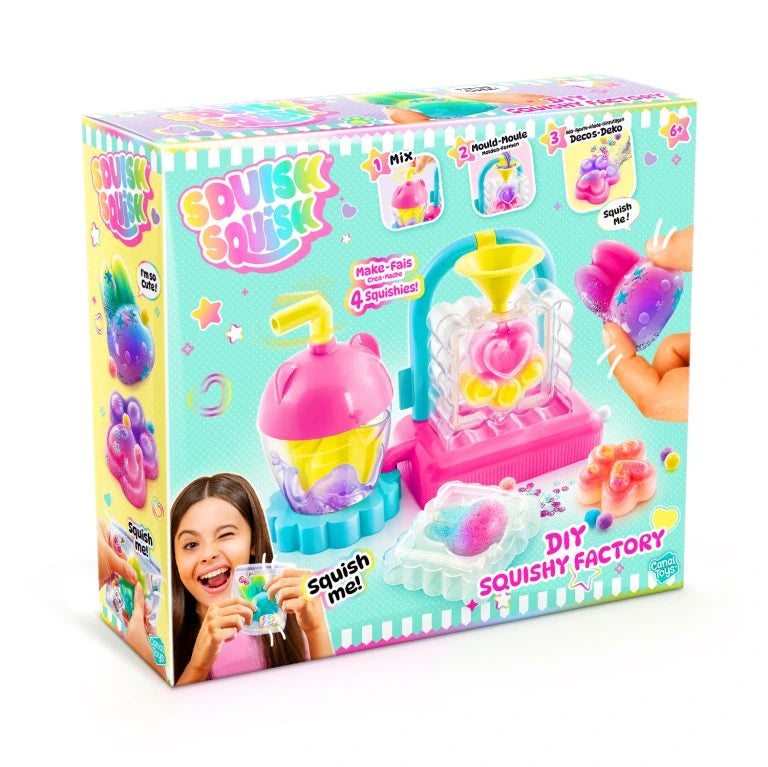 Squish Squish DIY Squishy Factory retail box viewed from the front and left side, featuring the pink and turquoise factory, bunny and paw moulds, decorated squishies and a girl squeezing a finished creation.