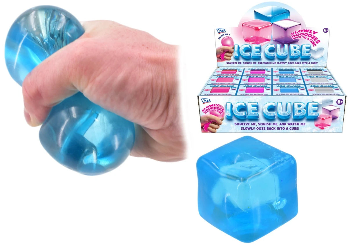 Squishy Icecubes product images showing a blue cube, retail display box and the cube being squeezed in a hand