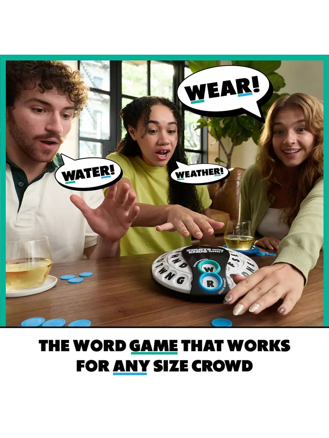 Three people playing Starts With Ends With with the spinner device on the table and speech bubbles above them