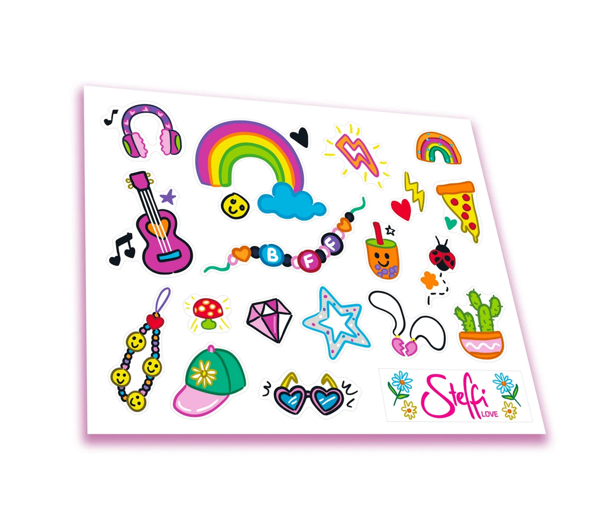 Steffi Love Beach Car decorative sticker sheet showing a rainbow, headphones, guitar, pizza slice, hearts, sunglasses, cactus, star and Steffi Love logo.