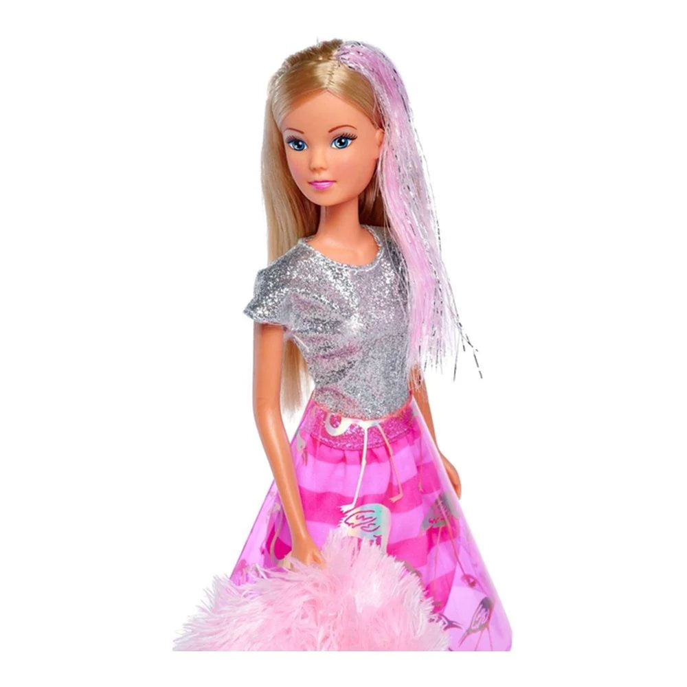 Close-up of Steffi doll with glitter hair, silver top, and flamingo skirt – Ireland