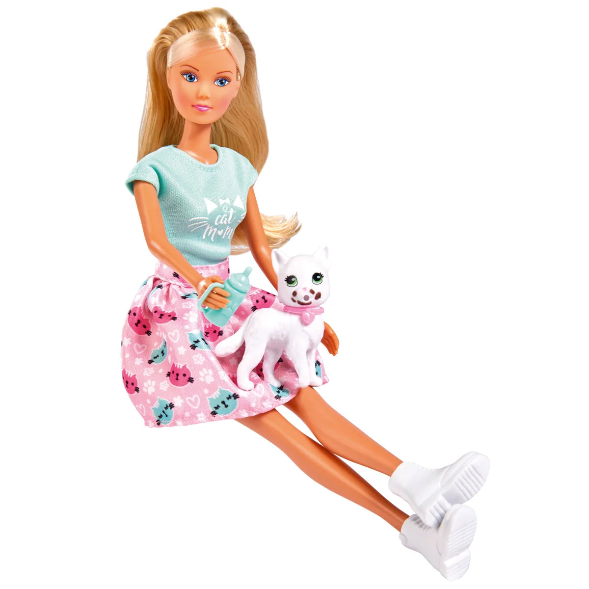 Steffi Love doll standing with accessories and cat laid out – Ireland