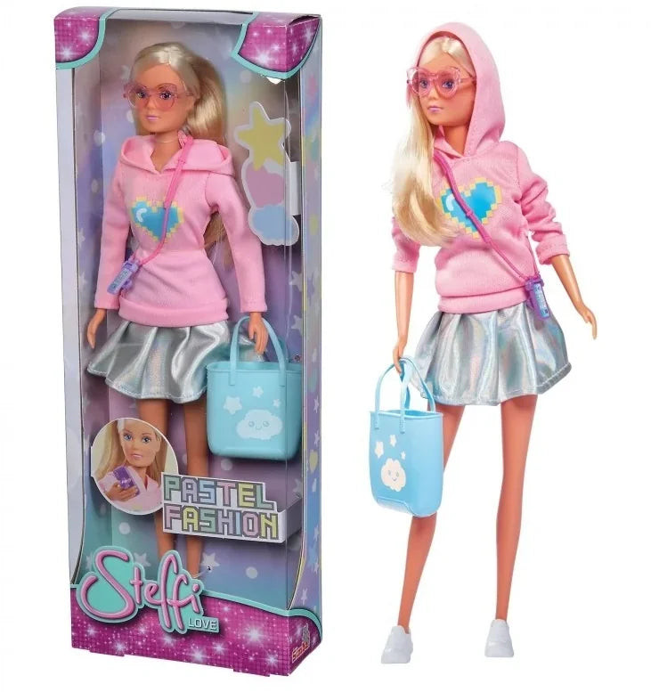 Steffi doll displayed next to packaging, pastel fashion outfit and accessories visible – Ireland