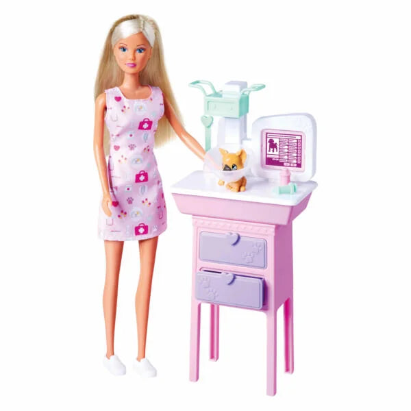 Full playset showing vet desk, patient pup, Steffi, and accessories in use – Ireland