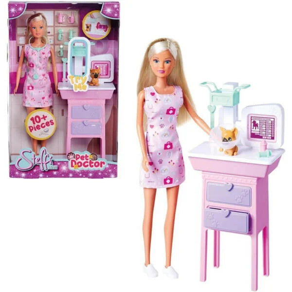 Steffi Love doll in printed vet dress beside treatment table and puppy – Ireland
