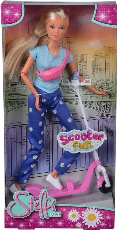 Steffi Love Scooter Fun doll displayed in box with illustrated background on a white background