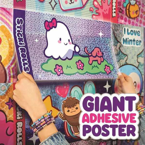 Hands placing a Sticki Rolls Jumbo Sticki holographic poster with ghost and dog design onto a decorated wall