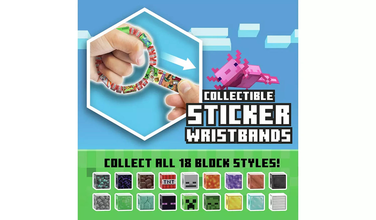Sticki Rolls Minecraft wristband feature showing the wristband worn on a wrist and block style bead options