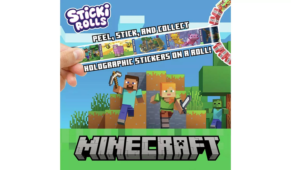Front cover of the Sticki Rolls Minecraft collector's book with Steve, Alex and the Minecraft logo