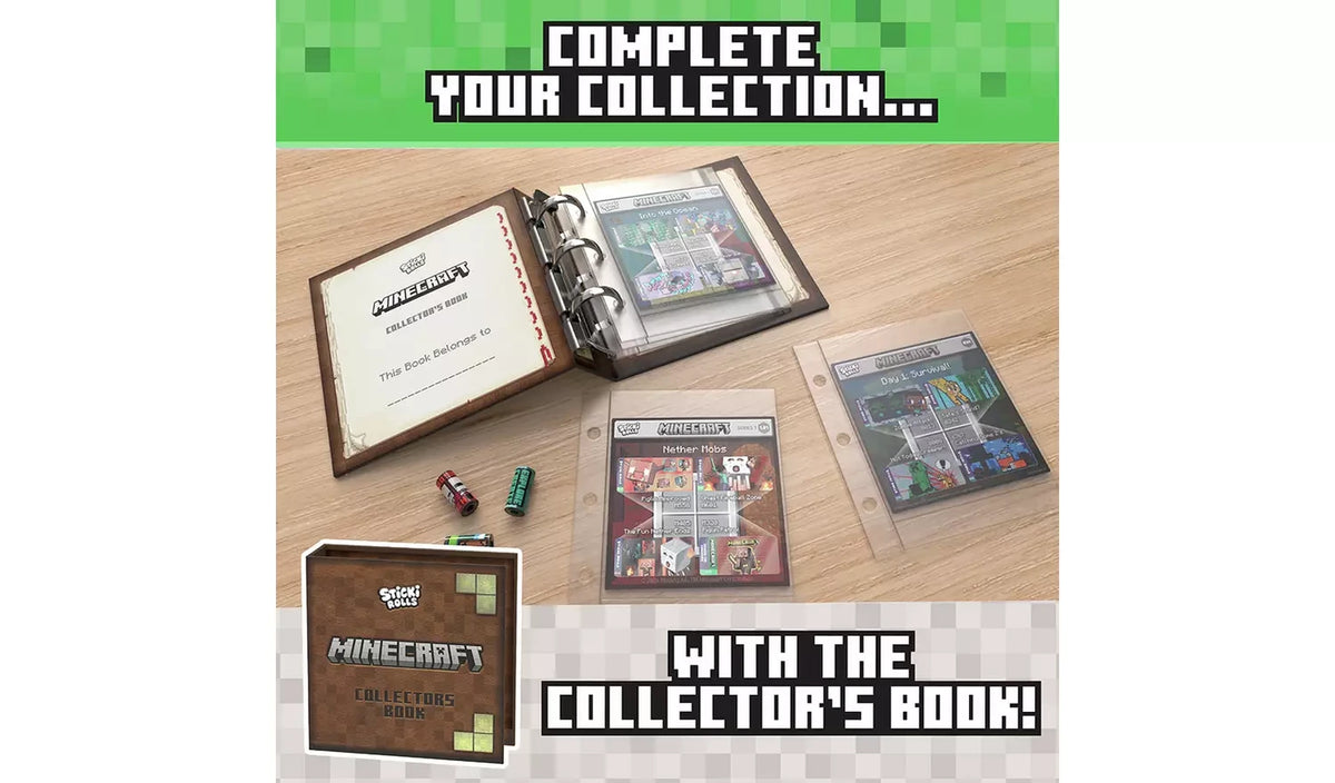 Open Sticki Rolls Minecraft collector's book with page cards, sticker pages and sticker rolls on a wooden surface