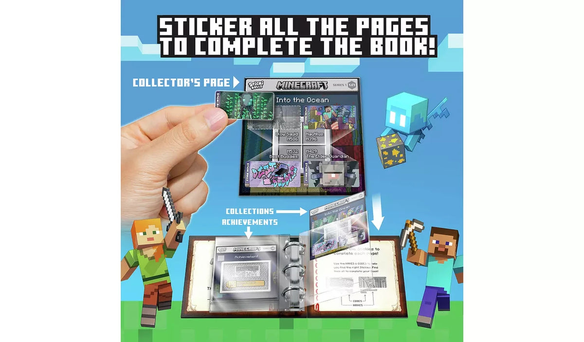 Sticki Rolls Minecraft feature image showing a hand placing stickers into the collector's book
