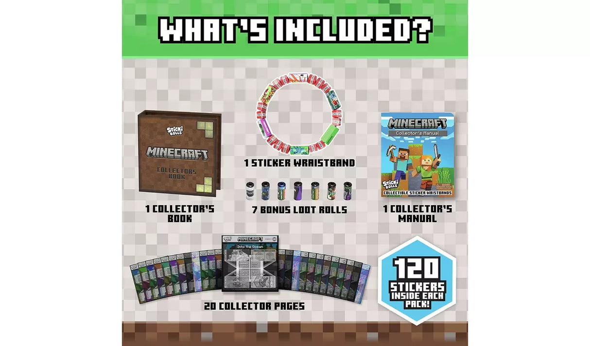 Sticki Rolls Minecraft contents image showing the collector's book, wristband, sticker rolls and collector pages