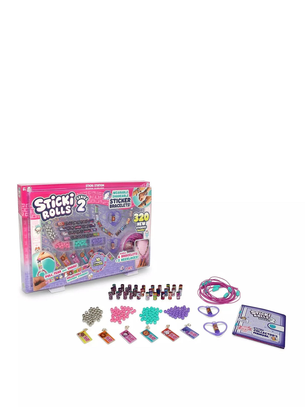 Sticki Rolls Series 2 Sticki Station shown with box and full contents including 32 sticker rolls, coloured beads, 6 charm tags, elastic cords, heart-shaped necklace pendants and Series 2 collector's manual