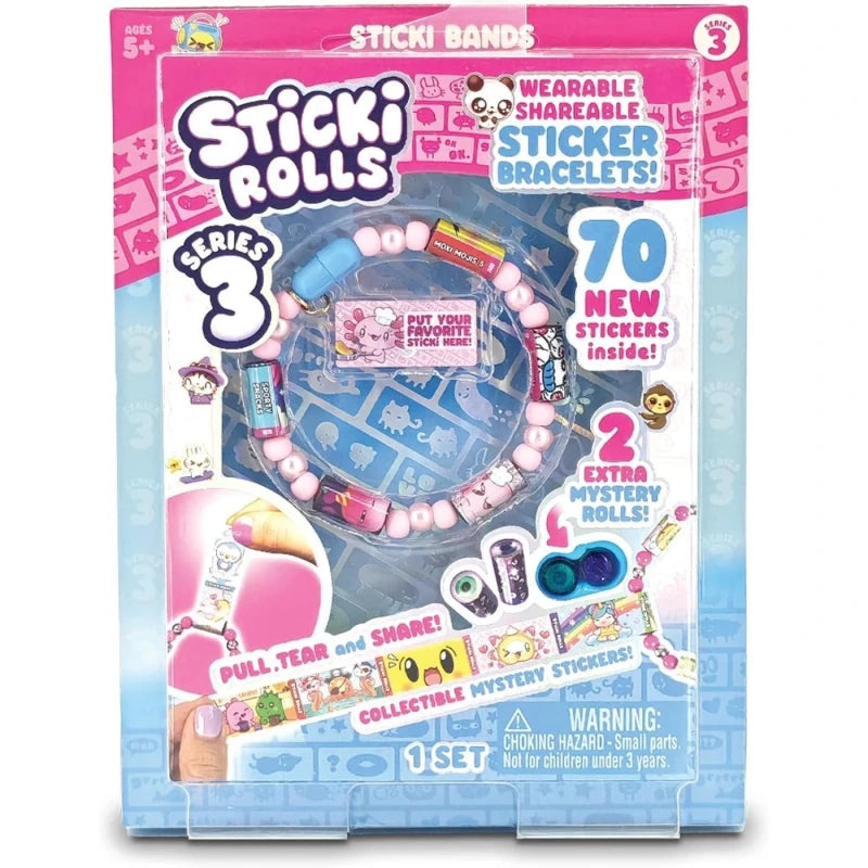 Front of Sticki Rolls Series 3 packaging showing the pink beaded sticker bracelet, 70 stickers and two extra mystery rolls