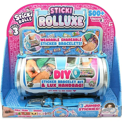 Sticki Rolls Series 3 Sticki Rolluxe in pink and blue retail display packaging, showing the cylindrical handbag, blue shoulder strap, bracelet photographs and 500 stickers branding.
