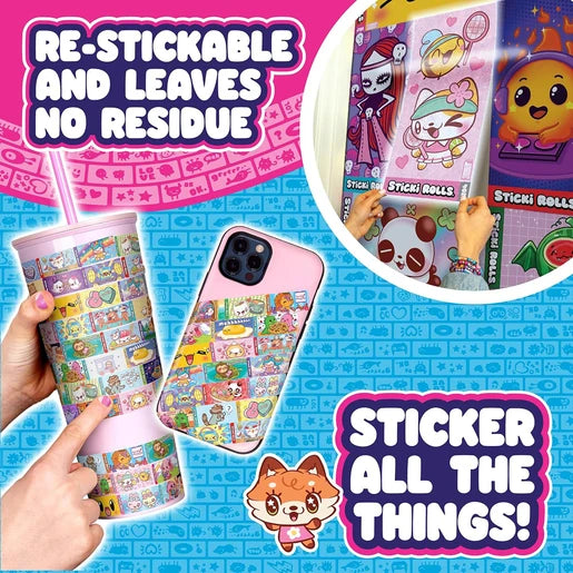Colourful Sticki Rolls stickers applied to a transparent drinks cup and pink smartphone case, with a child placing character stickers onto a decorated surface.