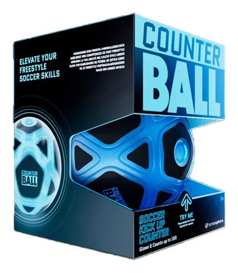 Strikesphere Counter Football retail box with glowing blue smart soccer ball and key training features shown in Ireland
