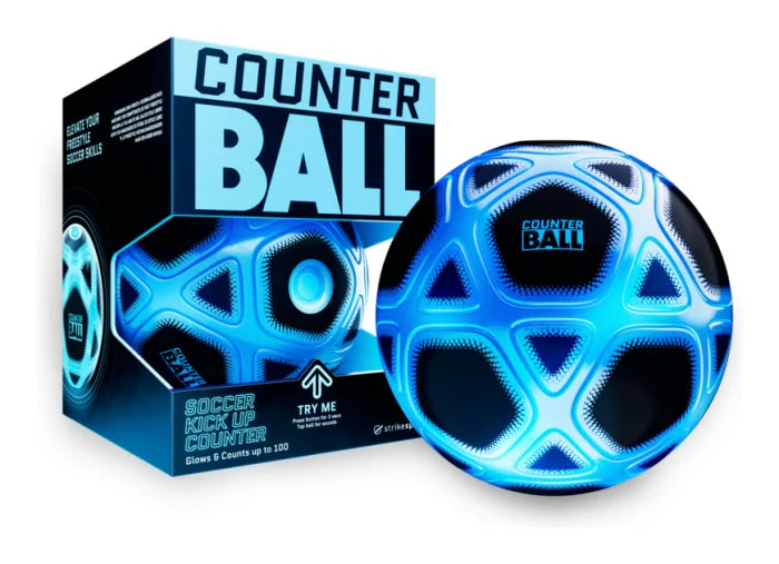 Glowing blue Strikesphere Counter Football shown next to its branded box, highlighting the smart training ball in Ireland