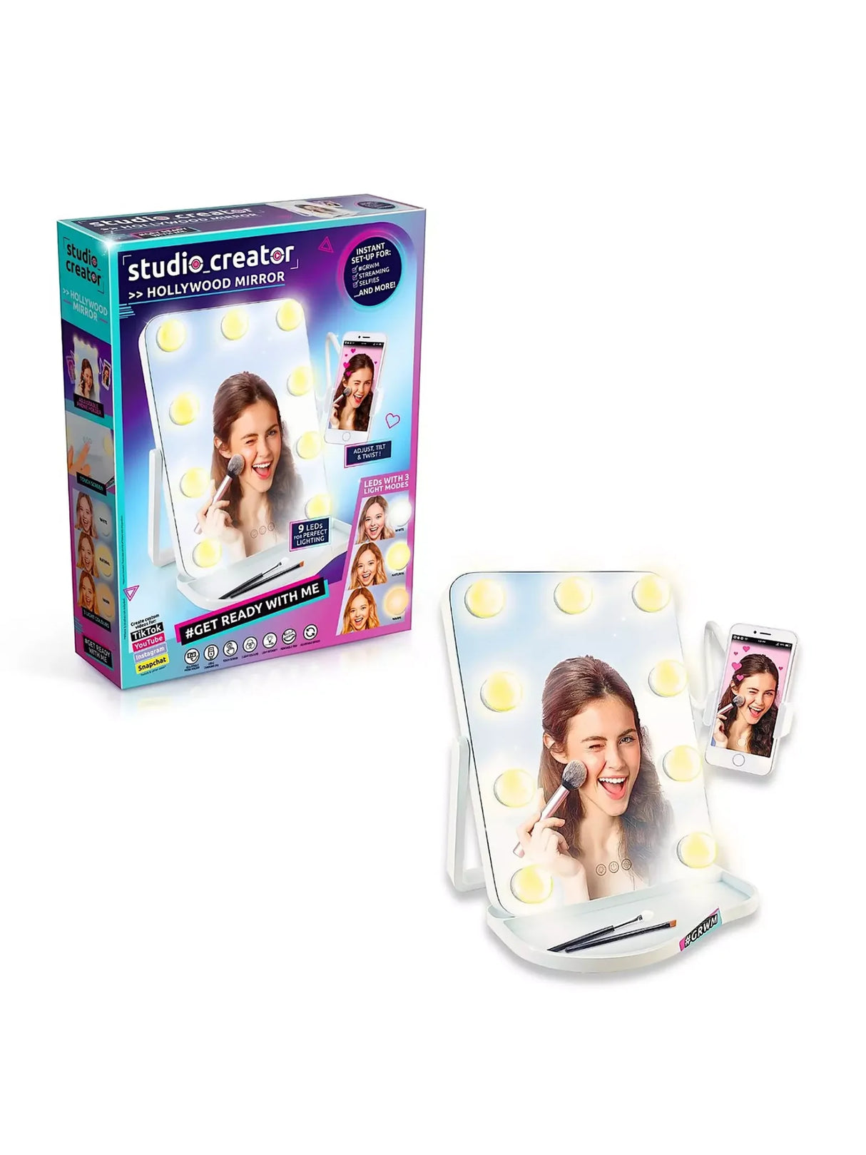 Studio Creator Hollywood Mirror retail box and contents display with mirror and phone holder in Ireland