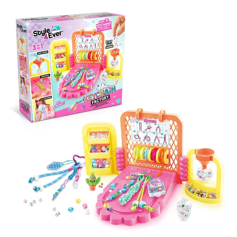 Style 4 Ever DIY Keychain Factory with boxed set, pink craft station, cords, beads and finished keychains