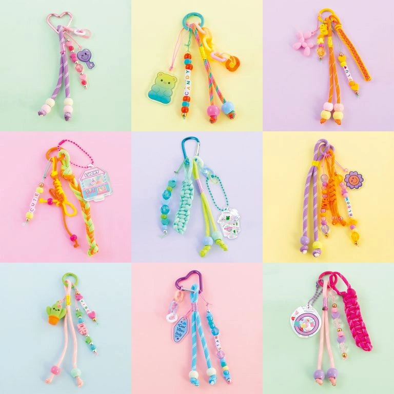 Nine colourful DIY keychain designs with cords, beads, clips and assorted charms