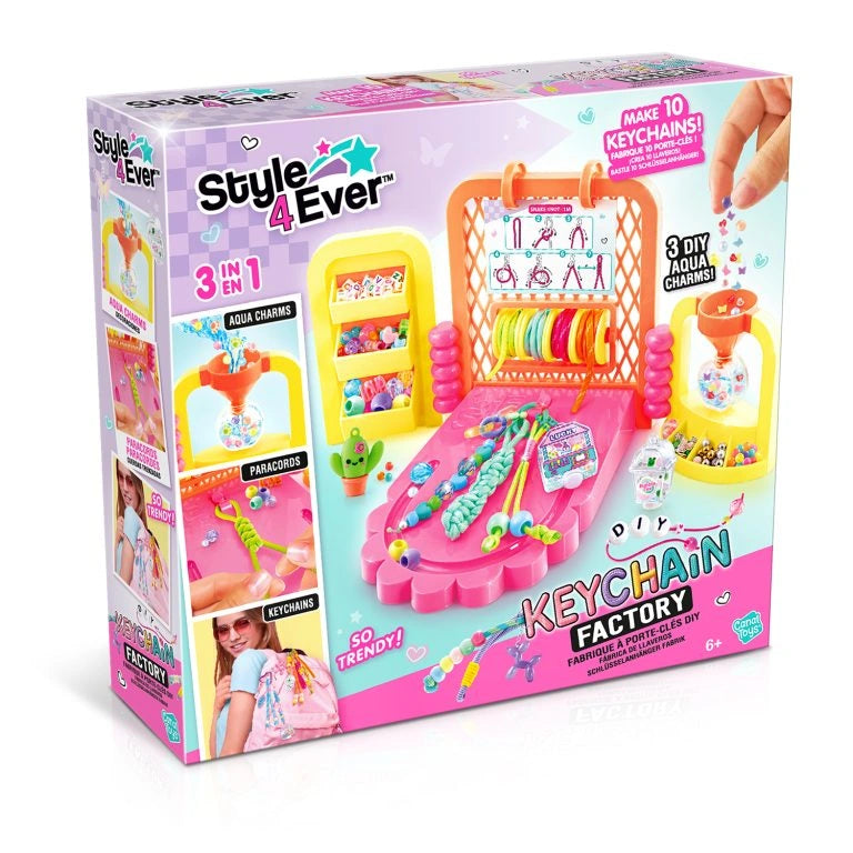 Style 4 Ever DIY Keychain Factory retail box showing the pink studio, cords, beads and charms