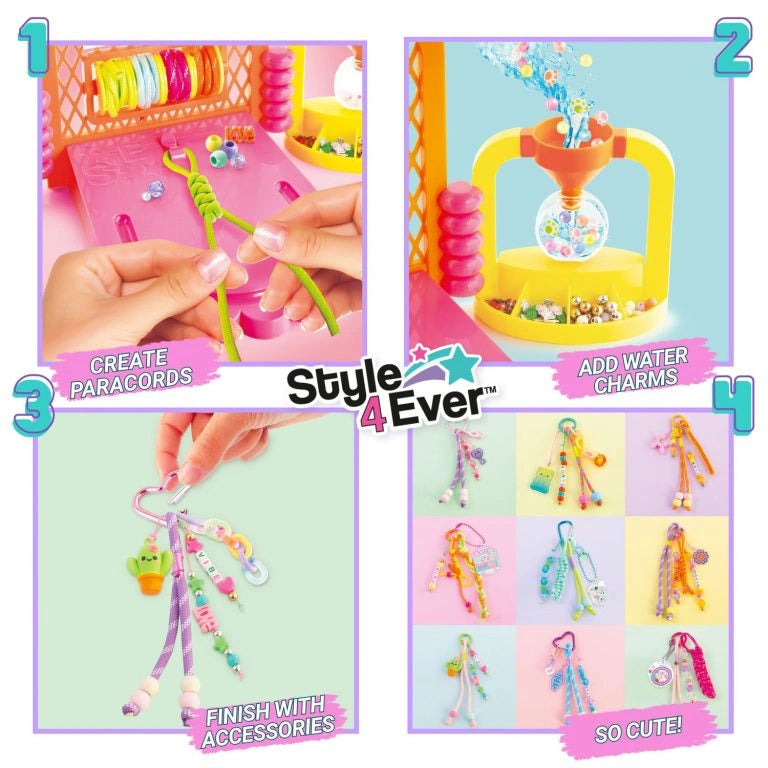 Style 4 Ever DIY Keychain Factory instructions showing cord making, water charms and finished keychains