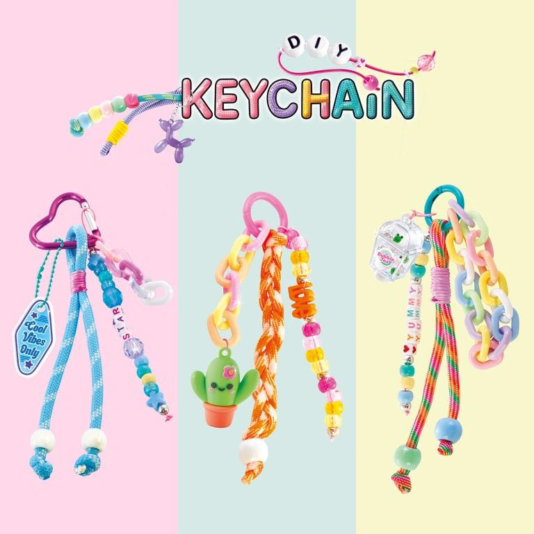 Three colourful DIY keychains with cords, beads, clips and decorative charms