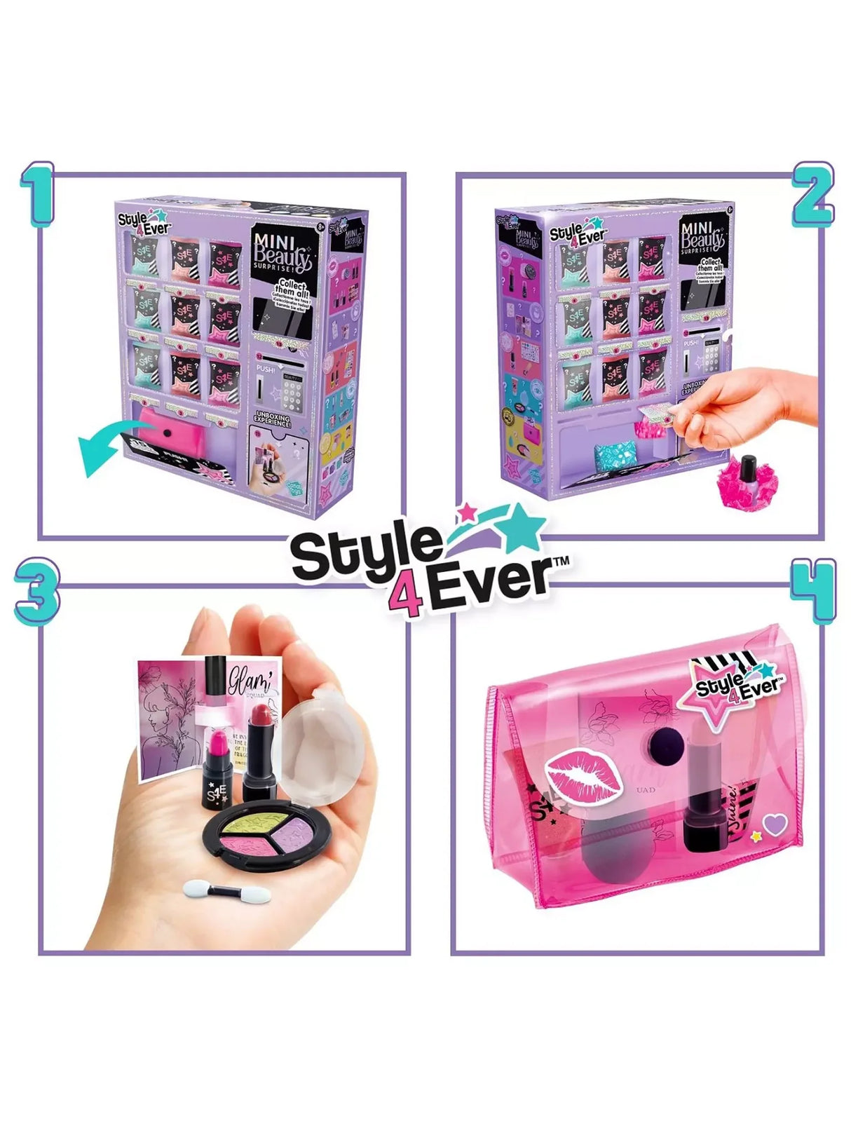 Step-by-step unboxing of Style 4 Ever Mini Beauty Surprise Dispenser showing makeup treats in Ireland