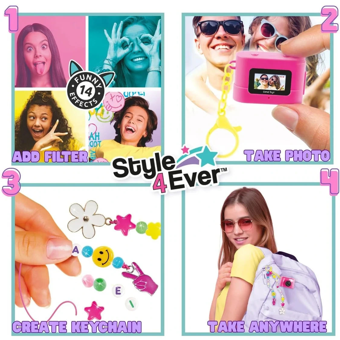 Four illustrated Style 4 Ever Mini Cam activities showing photo filters, photographs displayed on the camera screen, assembling a beaded keychain and attaching the decorated camera to a backpack.