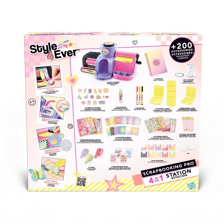 Back of the Style 4 Ever Scrapbooking Studio Pro box showing the four crafting functions and illustrated kit contents, including the workstation, cutting and embossing plates, markers, decorative tapes, scrapbook, sticker sheets and paper decorations.