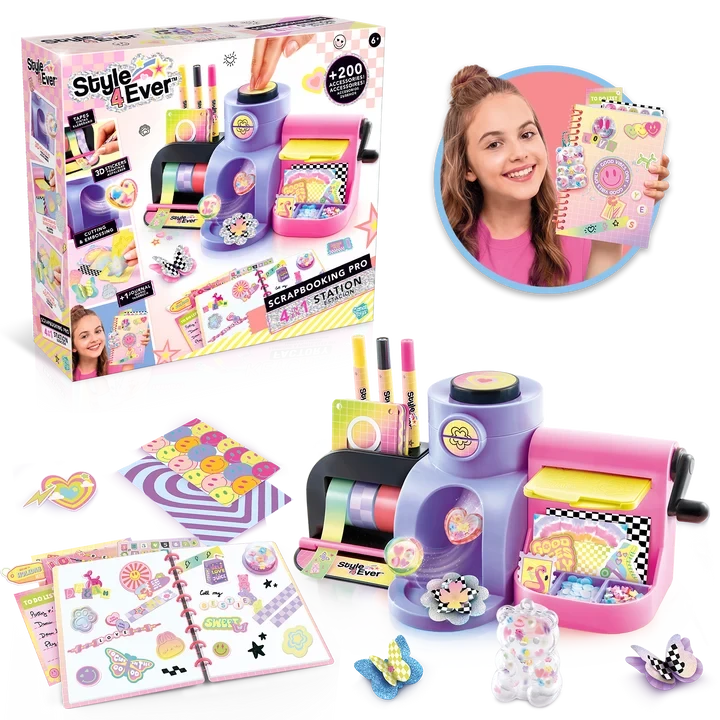 Style 4 Ever Scrapbooking Studio Pro retail box displayed beside the assembled purple and pink workstation, an open decorated journal, colourful paper sheets, decorative stickers and a girl holding a finished scrapbook.