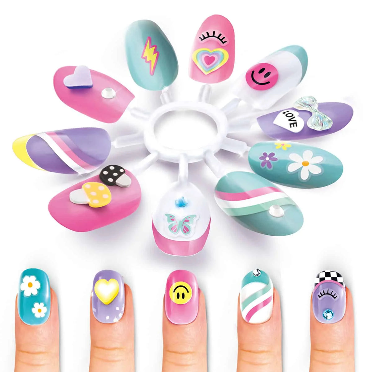 Closeup of decorated gel nails with charms, designs, and nail colour details – Ireland