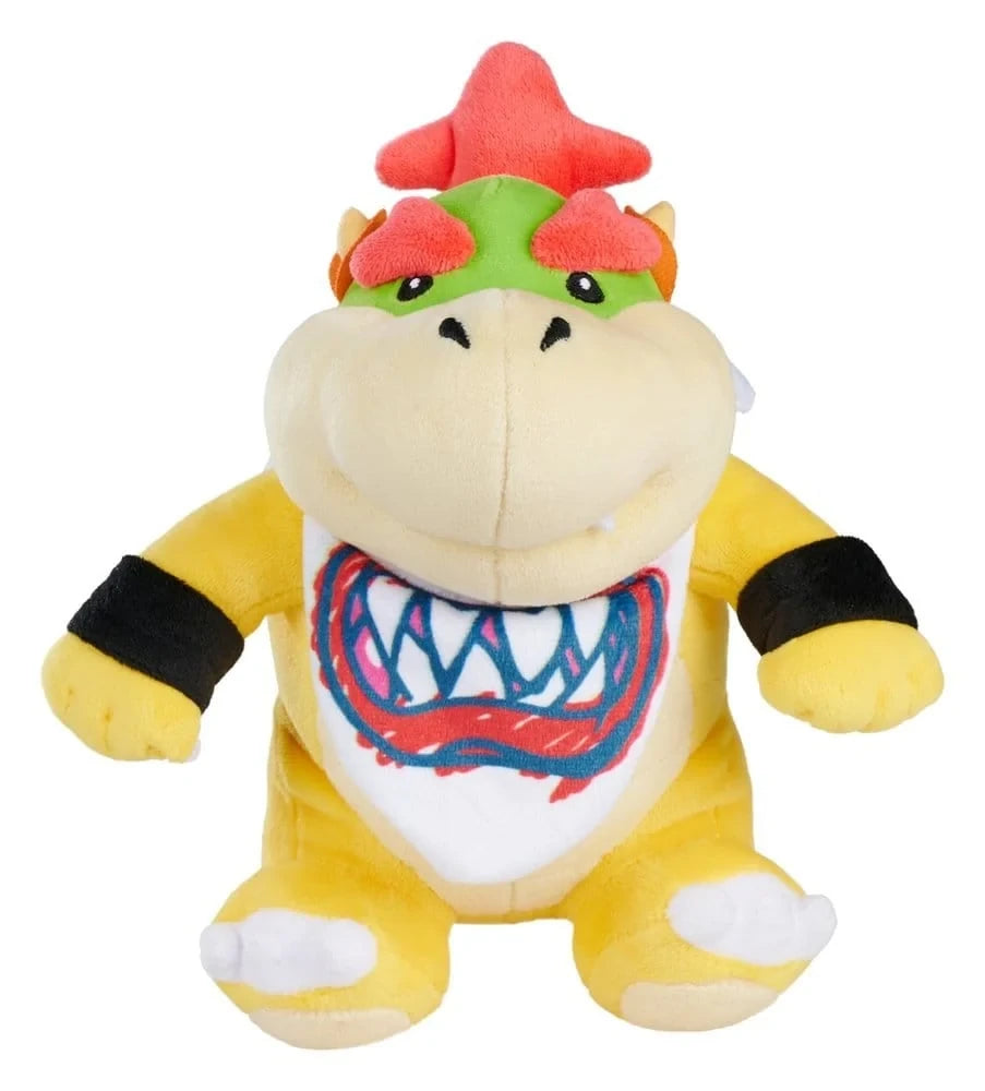 Front view of Super Mario Bowser Jr plush with red eyebrows, black eyes, cream muzzle, yellow arms, black wristbands and white bib featuring a colourful teeth design.