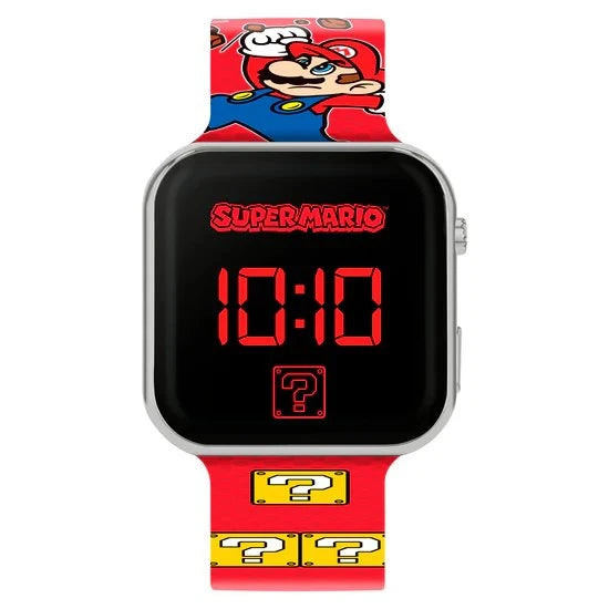 Super Mario Bros LED watch front view with Mario character dial, question block graphic and red printed silicone strap