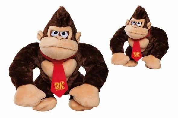 Super Mario Donkey Kong 27cm plush shown in two sizes side by side, both displaying dark brown fur, embroidered face and red DK tie