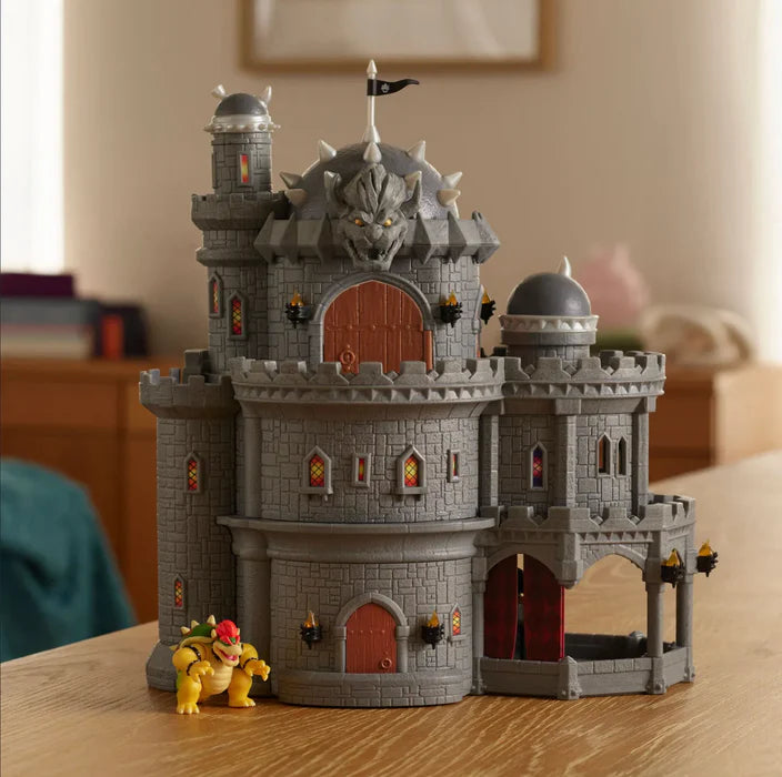 Super Mario Galaxy Movie Bowser Castle Playset on a table with Bowser figure outside the castle