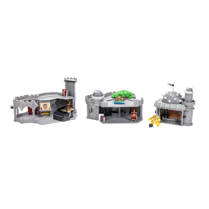 Super Mario Galaxy Movie Bowser Castle Playset separated into three sections with Bowser figure