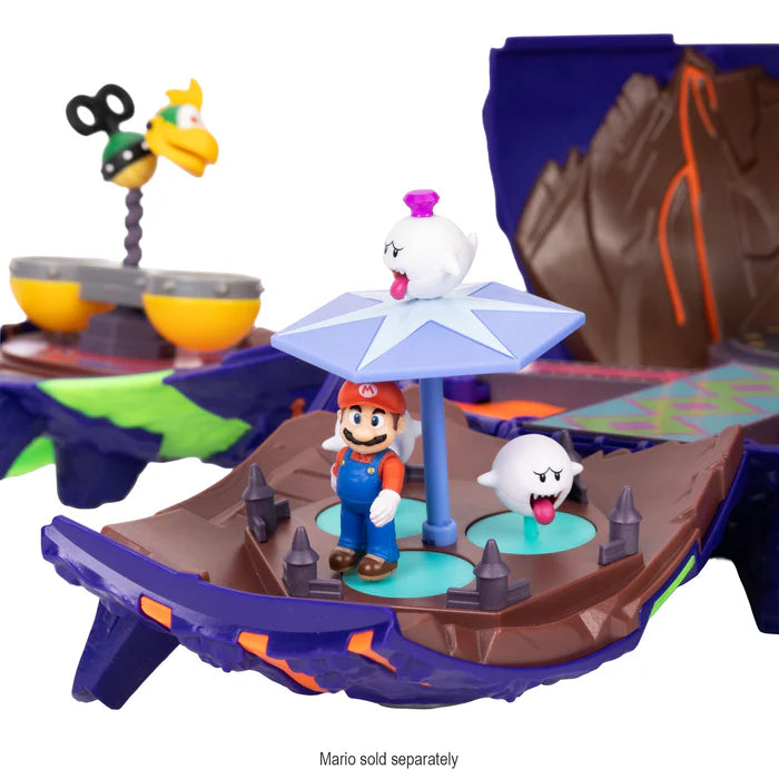 Mario figure beneath a blue umbrella with two Boo figures on the Super Mario Galaxy Movie Wonder Bowser Jr. Planet Playset