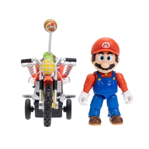 Mario figure standing beside a front-facing red motorcycle, showing his red cap, blue overalls, white gloves and the motorcycle's yellow headlight grille.