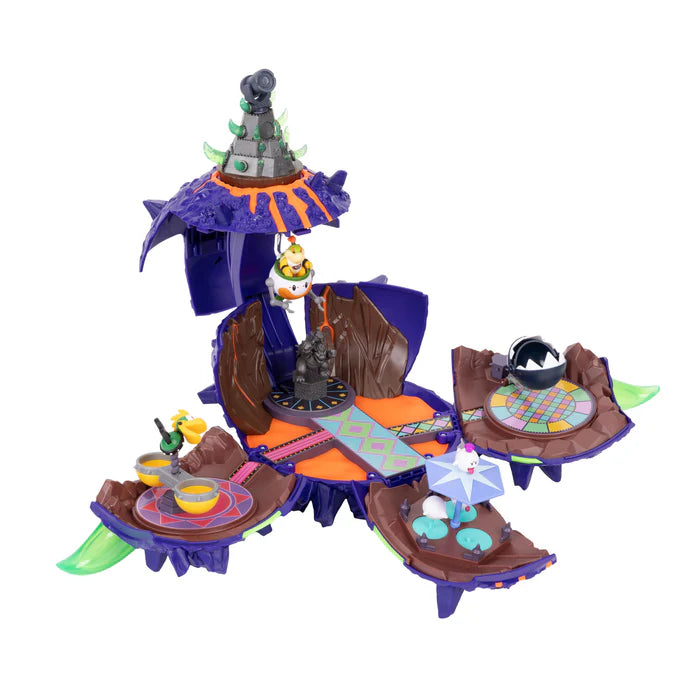 Open Super Mario Galaxy Movie Wonder Bowser Jr. Planet Playset showing Bowser Jr. in the Clown Car, Boo figures and Chain Chomp