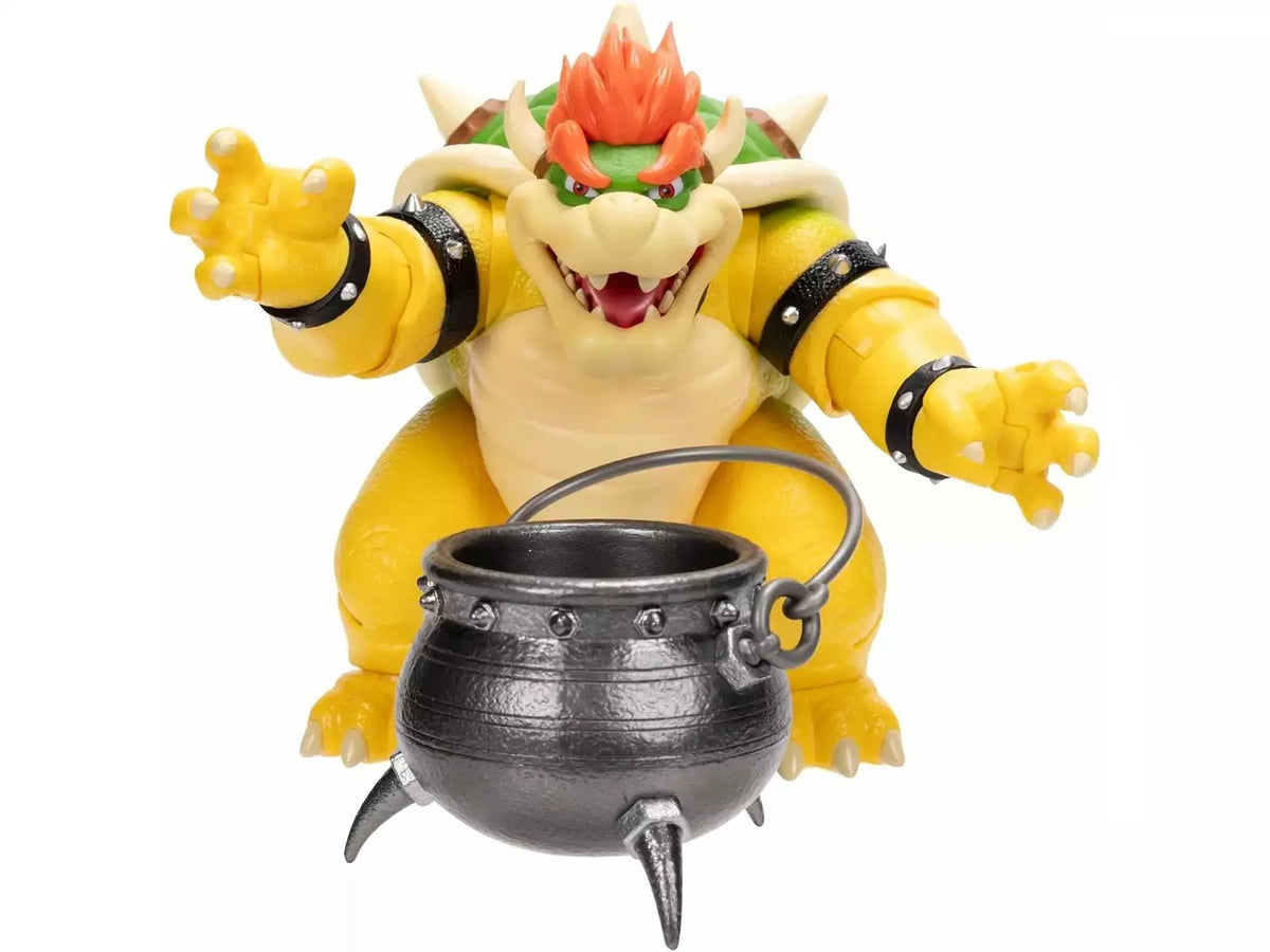 Super Mario Movie Bowser figure with the cauldron accessory on a white background.